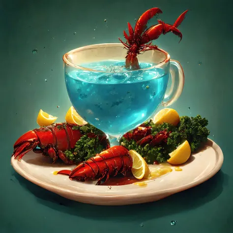 a lobster dinner, lemon slice, glass of blue liquid, food art, fantasy art, (no humans:1.9), <lora:MadeJourney:1.0>