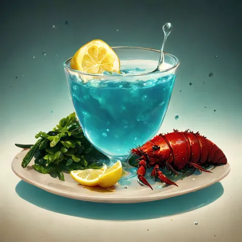 a lobster dinner, lemon slice, glass of blue liquid, food art, fantasy art, (no humans:1.9), <lora:MadeJourney:1.0>