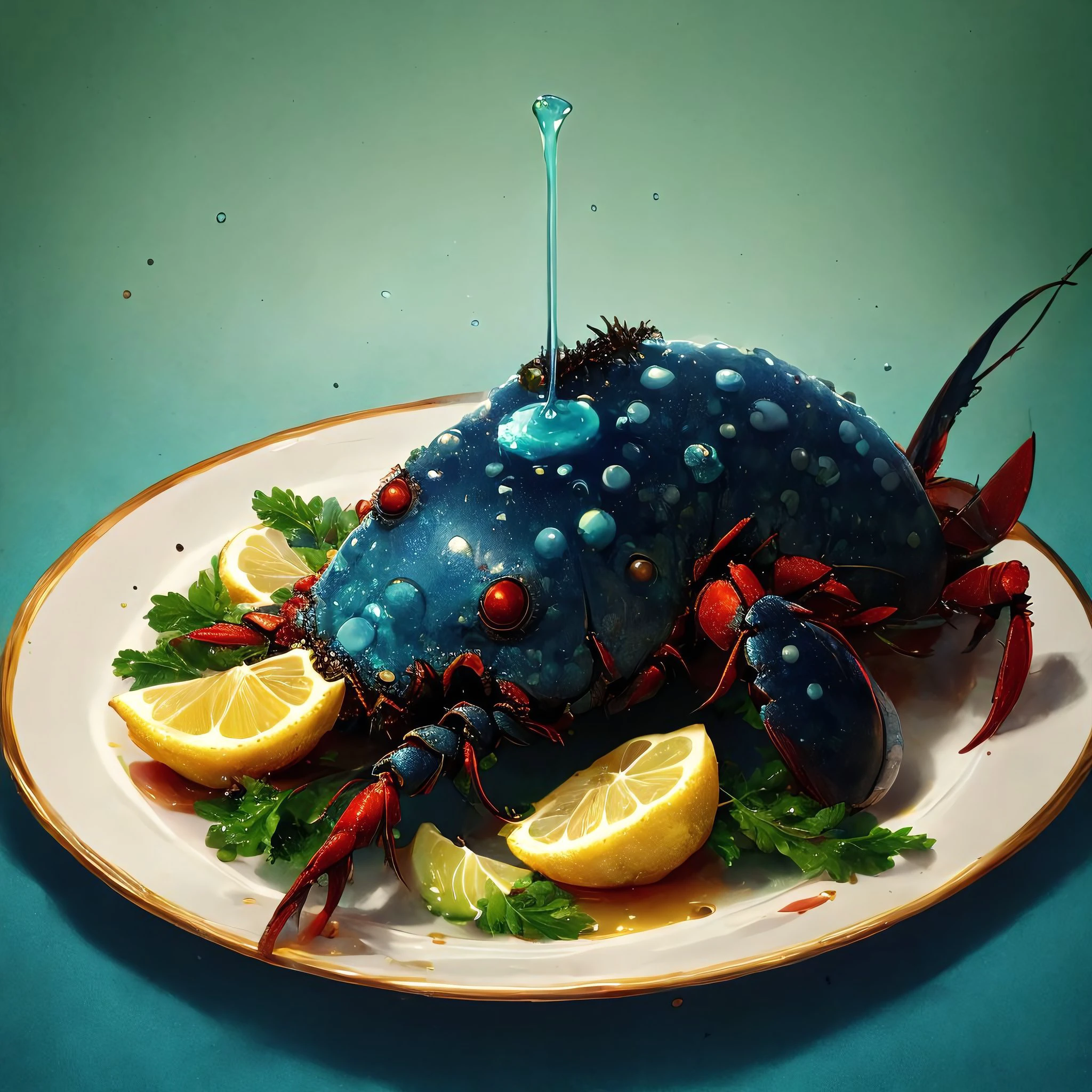 a lobster dinner, lemon slice, glass of blue liquid, food art, fantasy art, (no humans:1.9), <lora:MadeJourney:1.0>