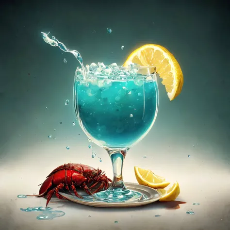 a lobster dinner, lemon slice, glass of blue liquid, food art, fantasy art, (no humans:1.9), <lora:MadeJourney:1.0>
