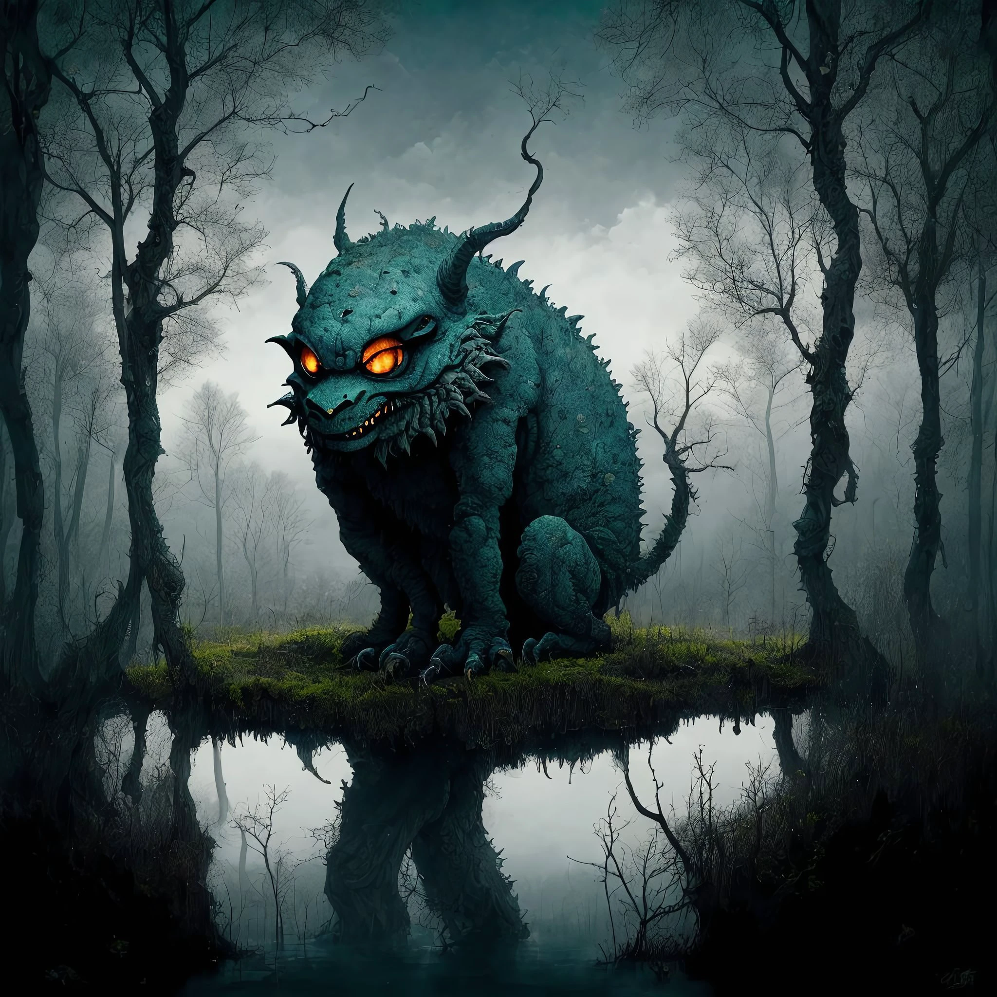 a scary blue monster in a swamp, black trees, white sky, black sun, (no humans:1.9) <lora:MadeJourney:1.0>