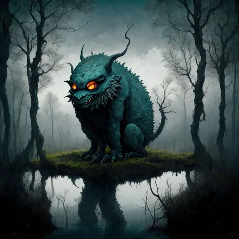 a scary blue monster in a swamp, black trees, white sky, black sun, (no humans:1.9) <lora:MadeJourney:1.0>