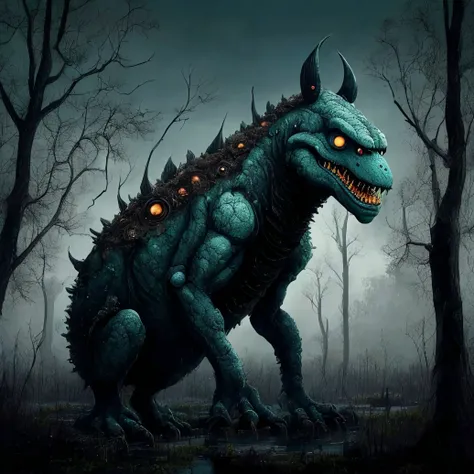 a scary blue monster in a swamp, black trees, white sky, black sun, (no humans:1.9) <lora:MadeJourney:1.0>