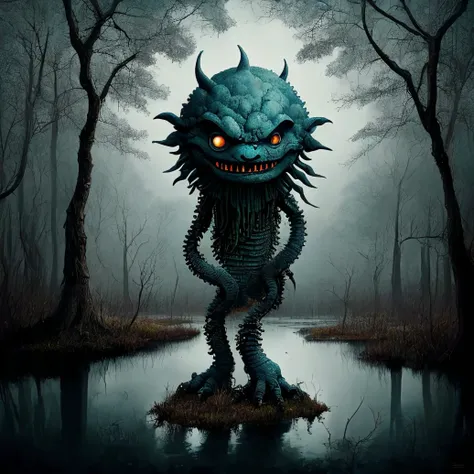 a scary blue monster in a swamp, black trees, white sky, black sun, (no humans:1.9) <lora:MadeJourney:1.0>