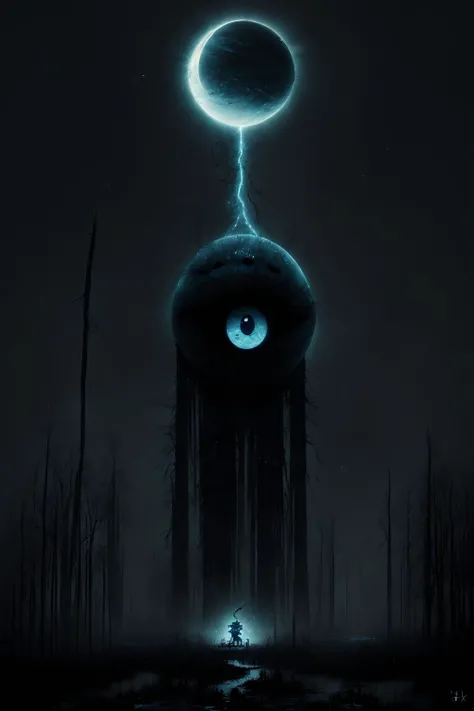 a scary blue monster in a swamp, black trees, white sky, black sun, (no humans:1.9) <lora:MadeJourney_v1:1.0>