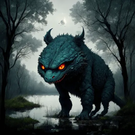 a scary blue monster in a swamp, black trees, white sky, black sun, (no humans:1.9) <lora:MadeJourney:1.0>