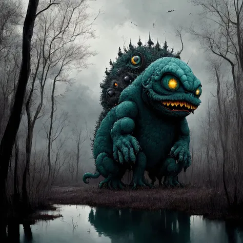 a scary blue monster in a swamp, black trees, white sky, black sun, (no humans:1.9) <lora:MadeJourney:1.0>