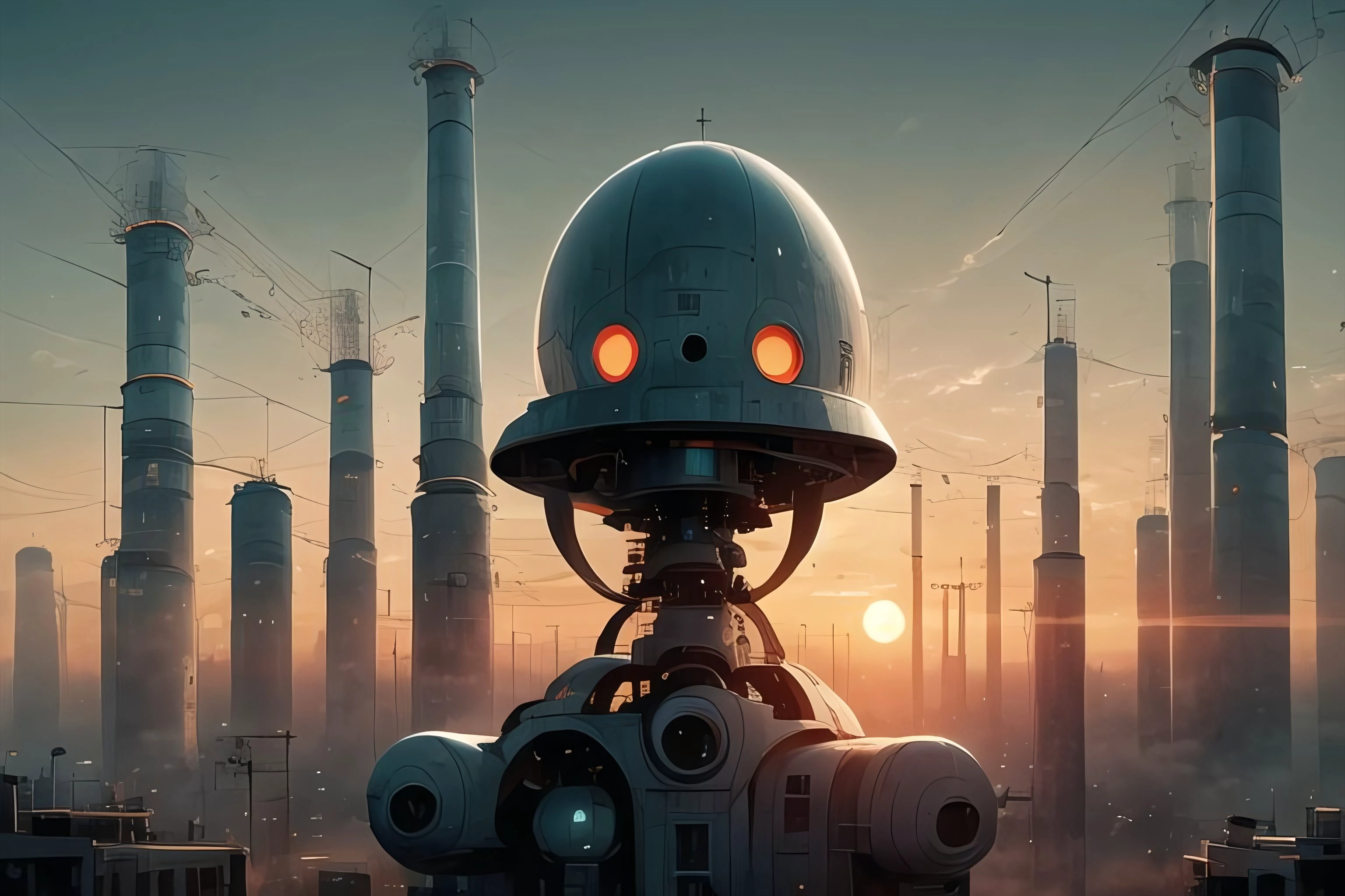 ((best quality)), ((masterpiece)), (detailed), a warm sunset, silhouette of a factory, (no humans:1.9), <lora:MadeJourney:1.0>
