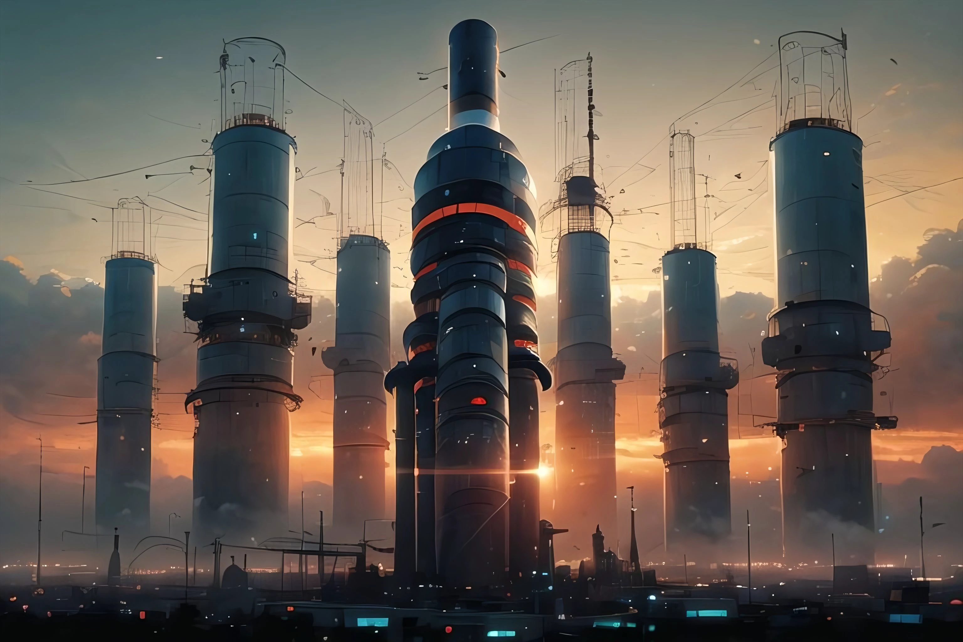 ((best quality)), ((masterpiece)), (detailed), a warm sunset, silhouette of a factory, (no humans:1.9), <lora:MadeJourney:1.0>