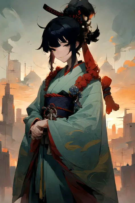 ((masterpiece, best quality)), a samurai, intricate, sunset, anime style, <lora:MadeJourney_v1:1.0>