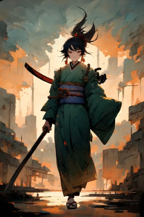 ((masterpiece, best quality)), a samurai, intricate, sunset, anime style, <lora:MadeJourney_v1:1.0>