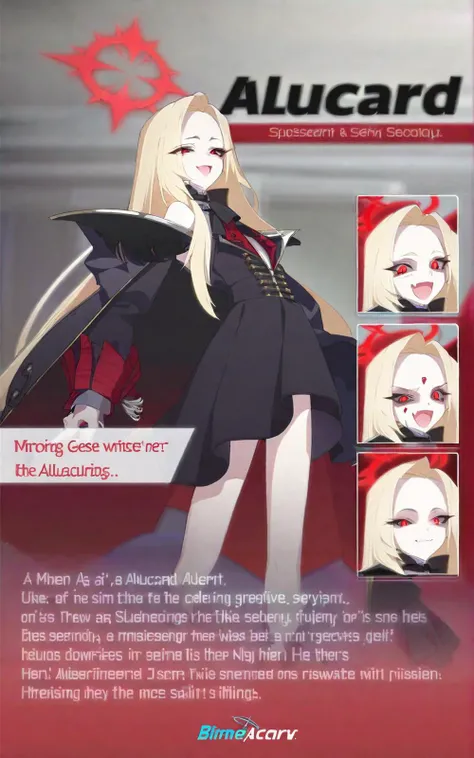 (anime-character-poster-with-four-different-expressions-of-them a-english-text-title-says-' ALUCARD ') masterpiece, 1 girl, standing, red halo, small breasts, seen from below, looking at viewer, long hair, blonde hair, red eyes, forehead, glowing eyes, open mouth, smile, skin fang, gothic, bare shoulders,looking at viewer, <lora:BAProfilesXL-EN-01:0.7>