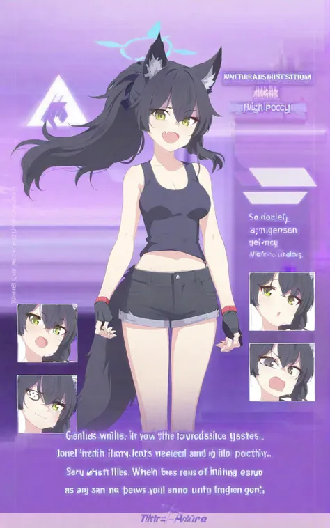 (anime-character-poster-with-four-different-expressions-of-them a-english-text-title-says-' POCHY ') masterpiece, 1girl, half moon halo, black hair, medium breasts, messy hair, long hair, ponytail, wolf ears, wolf tail, shorts, tank top, vest, fingerless gloves, open mouth, fang, smile, looking at viewer, <lora:BAProfilesXL-EN-01:0.7>