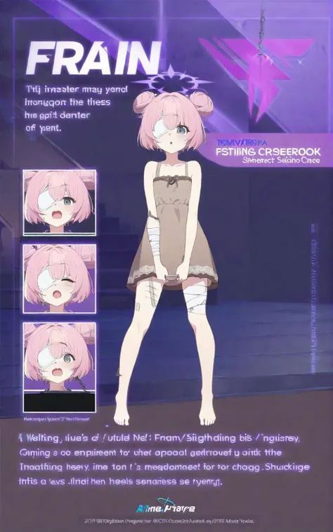 (anime-character-poster-with-four-different-expressions-of-them a-english-text-title-says-' FRAN ') masterpiece, 1 girl, purple lightning halo, (sidebuns), pink hair, short hair, patchwork clothes, shackles, brown sundress, bandages, medical eyepatch, bandages on legs, bare legs, barefoot, ^o^, grey eyes, looking at viewer, <lora:BAProfilesXL-EN-01:0.7>