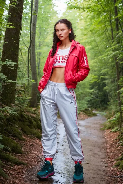 A full color portrait of a beautiful woman wearina a windbreaker and track pants, active hiking trail,,epic character composition,by ilya kuvshinov, alessio albi, nina masic,sharp focus, subsurface scattering, f2, 35mm, film grain <lora:AndreaR:1>