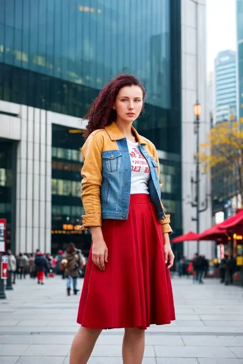 A full color portrait of a beautiful woman wearina a denim jacket and red skirt, vibrant city square,natural lighting,epic character composition,by ilya kuvshinov, alessio albi, nina masic,sharp focus, subsurface scattering, f2, 35mm, film grain <lora:AndreaR:1>