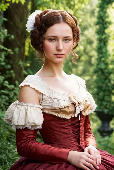 A full color portrait of a beautiful woman wearina a Victorian dress, The Young Victoria movie set,closeup,epic character composition,by ilya kuvshinov, alessio albi, nina masic,sharp focus, subsurface scattering, f2, 35mm, film grain <lora:AndreaR:1>