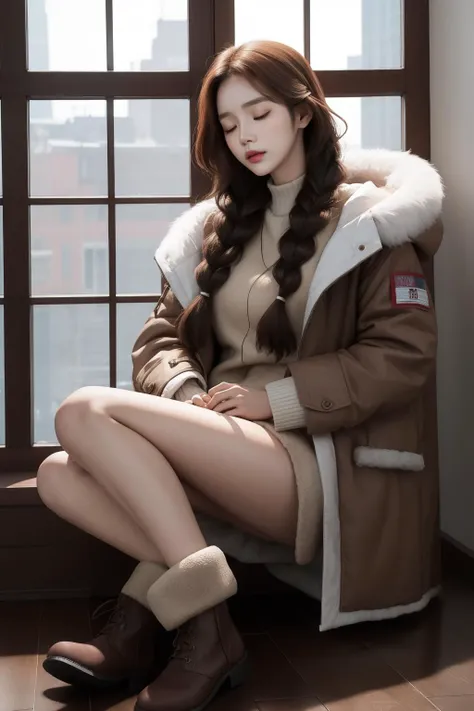 sonyoonjoo, solo, 1girl, realistic, brown hair, sitting, long hair, indoors, boots, braid, closed eyes, coat, window, wooden floor, fur trim, jacket