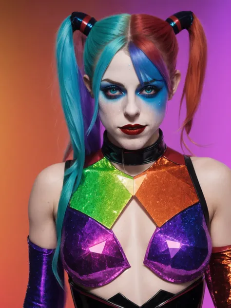 Portrait of Margot Robbie as a clown in the huge , in a closed black and red clown suit, Harley Quinn style, Your face is illuminated by neon lights, He looks like Harley Quinn, violet color, He is standing, Model's photographic style (Extremely detailed CG 8k unity wallpaper), Full frame photography of the most beautiful works of art in the world, proffesional, trends on artstation, trends at CGsociety, intricate, highy detailed, Focus Clear, dramatic, Photorealistic painting by Midjourney by Greg Rutkowski