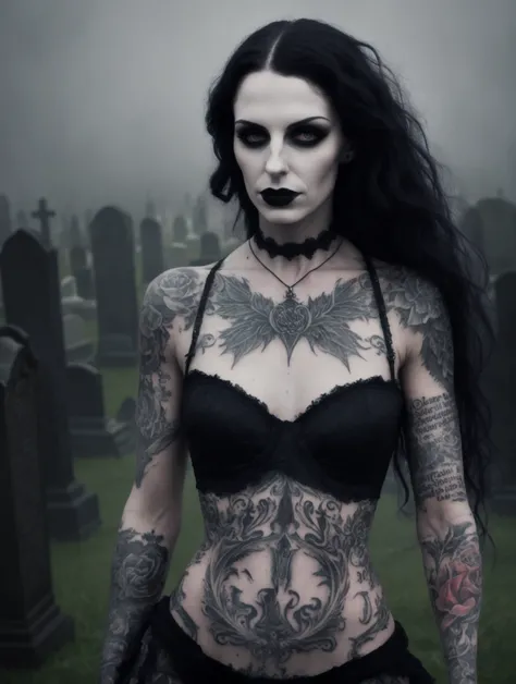 portrait photograph of a hot gothic woman posing in a cemetery, head and waist shot, night shot, tattoo, fog