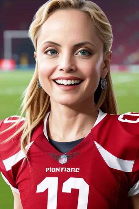 Masterpiece, best quality, professional photo of a m3n45uv wearing a football pads and smiling <set restore_faces>1</set>, (closeup:1.2), skin texture