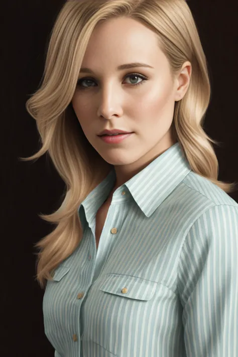 portrait photo of kbell1,(blue and green striped shirt), (dirty blonde hair), alluring portrait, intricate, highly detailed, digital painting, artstation, concept art, naughty, sharp focus, cinematic lighting, illustration, art by artgerm and greg rutkowski, alphonse mucha, cgsociety