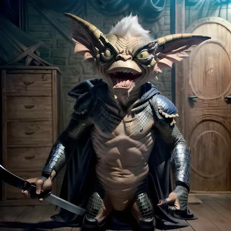 soloGremlin, (a Warrior gremlin with (green eyes) and large ears, claws, sharp teeth, and wearing a leather armor holding a sword and sheild), high detailed skin, (reptile skin:1.3), high detail, complex, (intricate details), ((masterpiece:1.2)), over head shot, (best quality), (cinematic look:1.2), (hyper detailed:1.1), (professional photograph:1.1), 4K, HDR, high definition, (sharp focus:1.3), 8k, (hyperrealistic:1.1), <hypernet:Gremlin3:1>, <lora:more_details:1>,