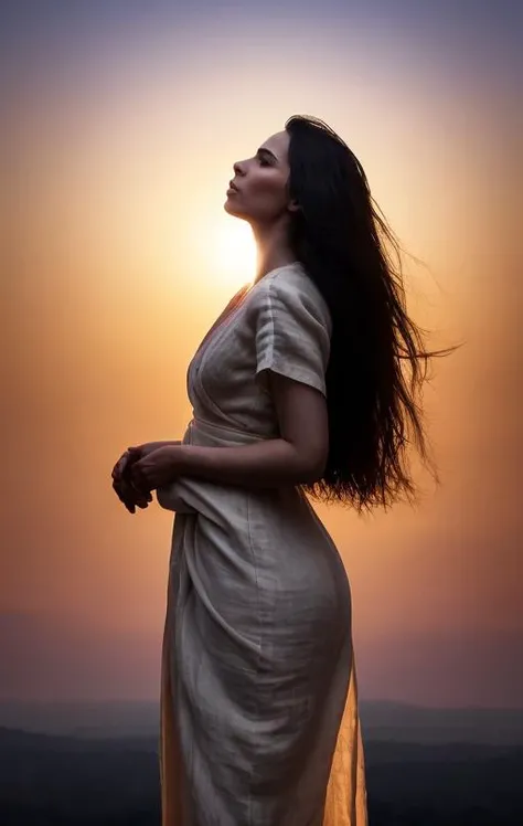 Perfect supernatural photo, Beautiful 27 yo Assyrian woman, flowing linen gown blowing in the wind, standing on the top of her ziggarut,long hair blowing like goddess, sacred geometry masterpiece, peaceful, looking at the camera, feeling approaching perfection, highly detailed, centered, symmetry, painted, intricate, volumetric lighting, beautiful, rich deep colors masterpiece, sharp