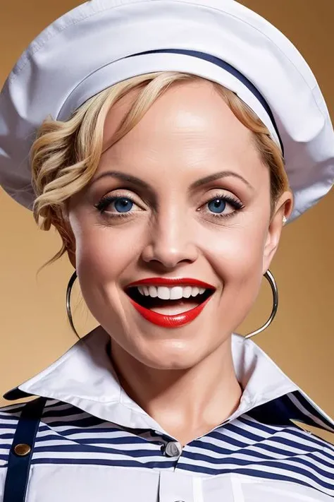 Masterpiece, best quality, pinup photo of a m3n45uv wearing a sailer outfit and giggling <set restore_faces>1</set>, (closeup:1.2), skin texture