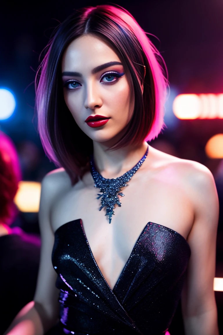 (masterwork:1.1), (photorealism:1.1), (1girl), sexy outfit, different hair, kneeling, facing the camera, (looking up to camera:1.2), instaport style, flushed, ((full body portrait)), alternative woman, (open mouth), (wearing sexy clothes:1.2), (necklace), detailed photograph, poster, high detailed, 8k, focus on lips, facing camera, 8k resolution, embarrassed, (perfect beautiful eyes), polished, HDR, 8k, sharp focus, focus on face, (flat chest:1.2), small breasts, dark eyeliner, lipstick, (in a crowded nightclub), at night, background neon lights, people in background, color photo, shallow depth of field, natural light, (perfect hands), perfect face, damp hair, serious eyes, contrast, textured skin, cold skin pores, gigapixel , feet visible, flawless face, lut, insane details,