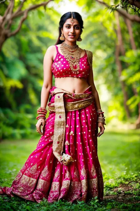 A high-quality, full body portrait of an Indian desi girl, capturing her natural, radiant and timeless beauty, wearing traditional dress and jewelry, posing in a vibrant and colorful outdoor setting, surrounded by nature and greenery, with a soft bokeh and natural light, that highlights her stunning features and natural grace.
