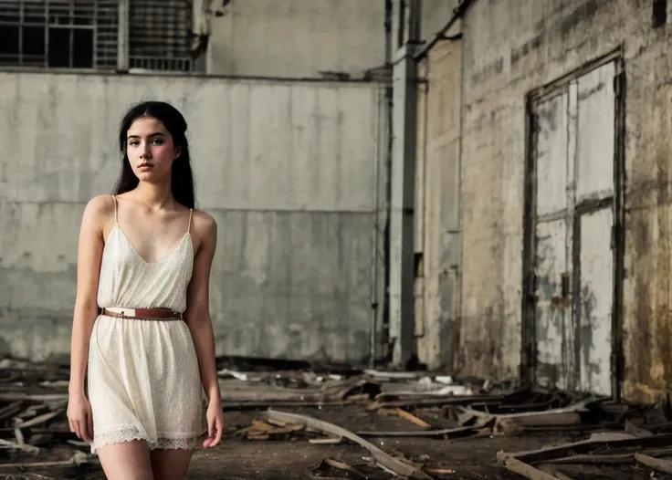 a young woman, dress, abandoned factory, (gloomy:1.3), (at distance:1.3), (intricate details, hyperdetailed:1.2), (bokeh:1.1), (photorealistic:1.5), (natural skin texture:1.2)