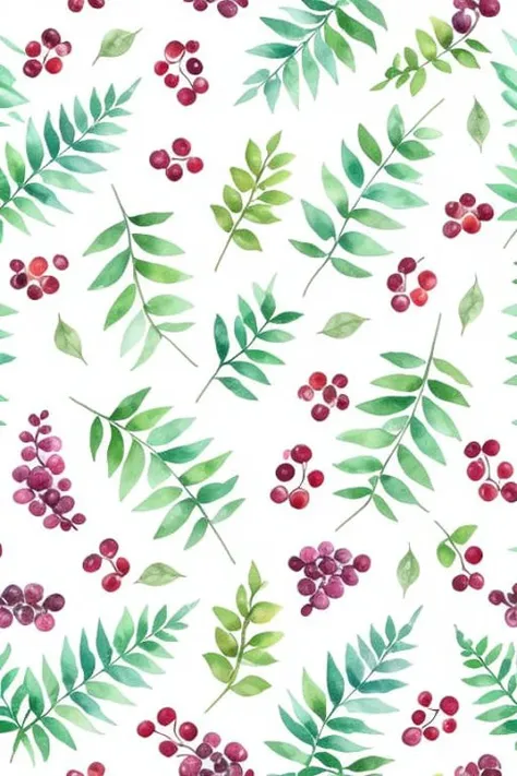 watercolor pattern of beautiful flowers, berries,  ferns, leaves,  calm colors on a #3b4195 color background. Watercolor paper texture.