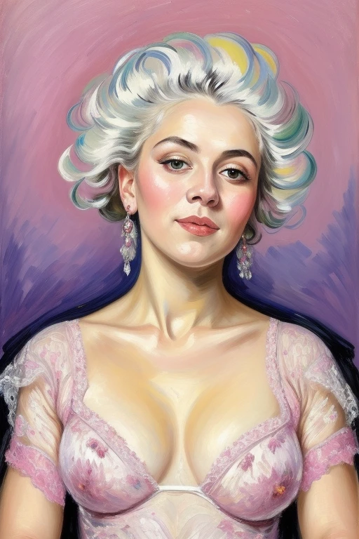 Portrait of a gorgeous Confident Moldovan woman with pearlescent skin and white hair by Lovis Corinth, trending on Pinterest. , 12k resolution, 4k resolution, Voronoi Manhattan, Bitmap , Pink lace Color Scheme