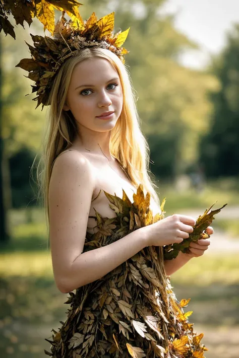 Candid shot of a pretty young blonde activist, who is wearing a dress made of leaves, in the midst of a Save Nature rally, full body portrait, natural light, wide angle, hard lighting, fluttering leaves, detailed and textured skin, determined look on her face, flowers in her hair, photo realistic, all in a RAW format shot with an iPhone, ideal for Instagram photography.