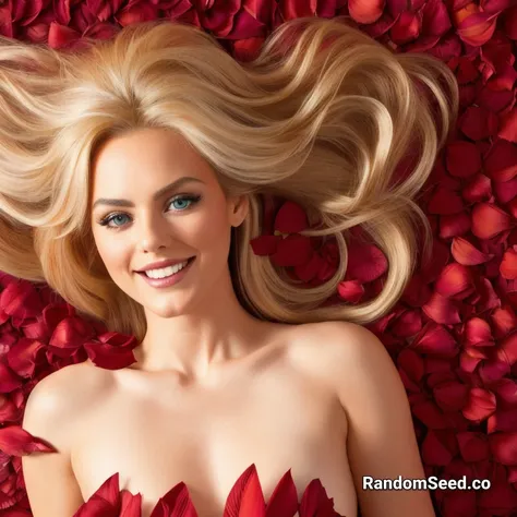 (full body raw photo woman warm smile) (long blonde big hair), (symmetrical eyes, serious eyes:1.2), portrait, focus, intricate, elegant, highly detailed, Soft Diffuse Lighting, shadows, ambient lightning, contrast, cold skin pores, hasselblad, 45 degree, gigapixel, strands of hair, catchlight in eyes, lying on her back, (red flower petals), scattered on the bed, white bed, (vibrant colors:1.1), (dramatic lighting:1.2)