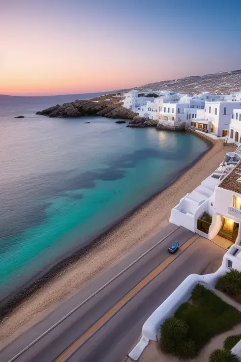RAW portrait of a cute landscape of Mykonos city at sunset, beach in backgorund ,very detailed, high-res, masterpiece, best quality,intricate details, highly detailed,sharp focus, detailed skin,realistic skin texture,texture, detailed eyes, professional, 4k, shot on Canon, 85mm,shallow depth of field,kodak vision color, extremely detailed, photo_\(ultra\), photorealistic, realistic, post-processing, max detail, roughness, real life, ultra realistic, photorealism, photography, 8k uhd, photography