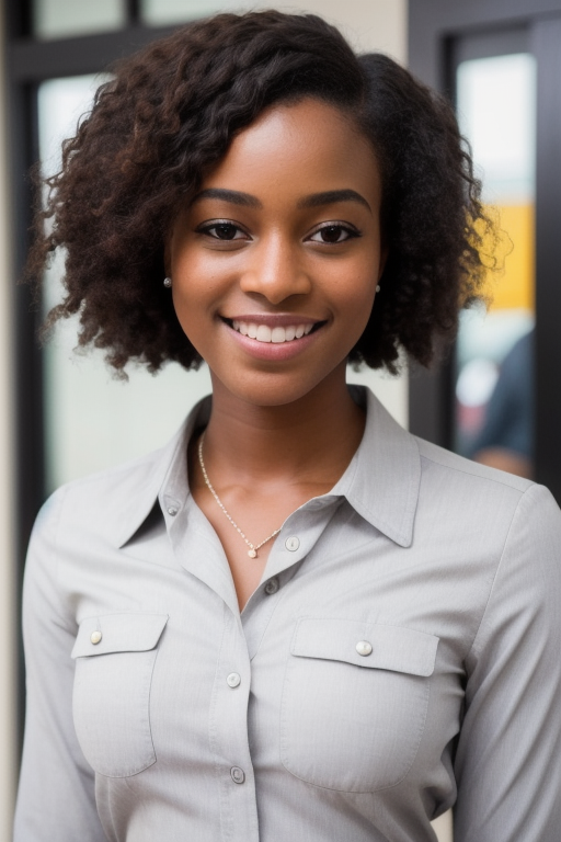 A woman with a smile on her face standing in front of a door - SeaArt AI