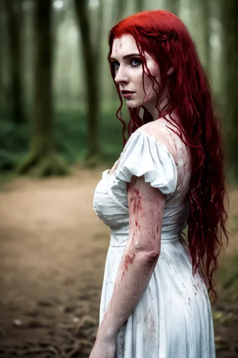 1woman, portrait, photography, witch, red hair, beautiful, dirty, wet, bloody, pale, mysterious, side view, medieval white dress, medieval outfit, cleavage, (looking_at_camera), steve mccurry, hasselblad, realistic, 8k, intense details, depth of field, forest background, 70mm, 100mm