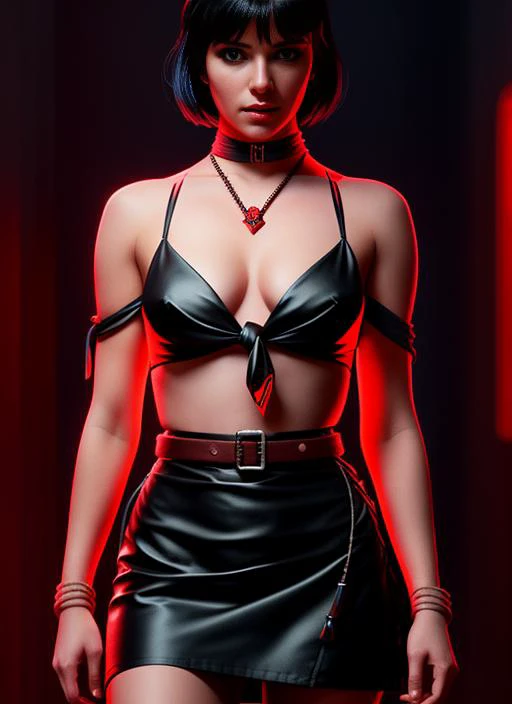 (tied up:1.3), (bound hands:1.3), belt buckle, naked breasts, black mini skirt, black hair, short hair, blue eyes, eyeshadow, beautiful russian girl, (vneckline:1.3), (no bra:1.3), (sexy:1.3), night city, Ed Blinkey, Mikhail Vrubel, Atey Ghailan, Jeremy Mann, Greg Manchess, (WLOP:1.2), Charlie Bowater, trending on ArtStation, trending on CGSociety, Intricate, High Detail, Sharp focus, dramatic, photorealistic, red neon lighting