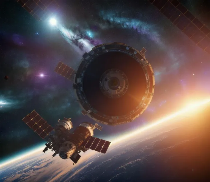 (single, only one), (extremely detailed, Space station like a wheel in orbit in space, giant planet background), (dynamic lighting), sharp, (4k, 8k, extreme detail, ultra quality, HD, high definition, HDR, high dynamic range, octane render)