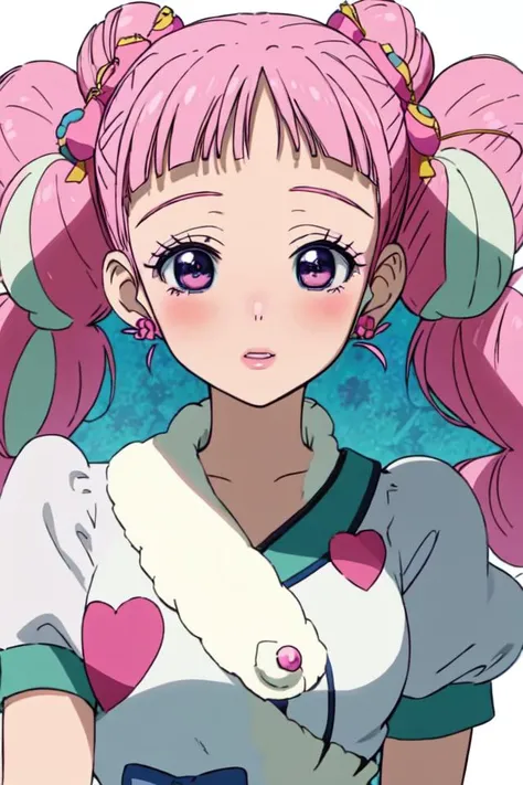 soft and warm color, movie still,bright, vivid,dreamy, evocative use of light and shadow, incredible beauty, anime style, vibrant, studio anime, beautiful, textural, ray tracing, absurdres, offical art, illustration, (((masterpiece))),(((best quality))),((ultra-detailed)), 1990s style, simple background, white background, 1girl, (Miwako_Sakurada), mature female, looks at the viewer, brown eyes, baby bangs, bangs, blunt bangs, blush, curly hair, double bun, eyelashes, hair bow, looking at viewer, cute girl, pink hair, pink lips, smile, twintails, earrings, pouty lips,