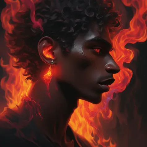 did vaporwave style, 1boy, male focus, solo, leaf, dark skin, curly hair, dark-skinned male, earrings, profile, jewelry, plant, liquid, colored flames, fire, multicolored eyes, blood, melting, vapor, smoke, glitch, horror (theme), looking at viewer, upper body, realistic, BREAK glitch, artistic photography, soft dof, extreme light and shadow, glowing, cinematic lighting, cinematic angle, official art, best quality, masterpiece