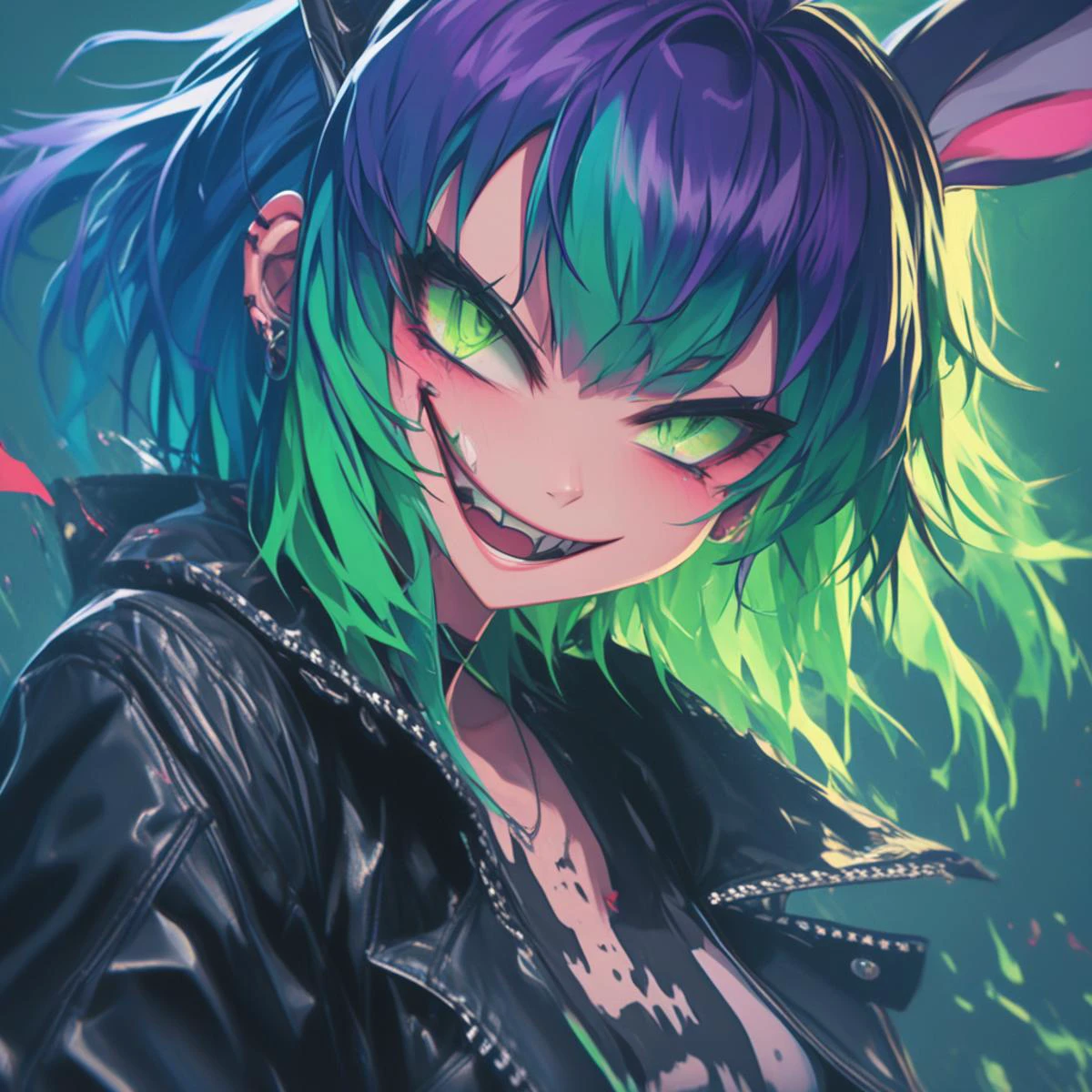 did vaporwave style, 1girl, solo, animal ears, rabbit ears, viera, green eyes, gradient hair, multicolored hair, dyed bangs, green hair, purple hair, jacket, shirt, blue shirt, black jacket, smile, torn shirt, leather jacket, open jacket, open clothes, scar, earrings, slime (substance), paint, impasto, emotional, tears, crying from eyes, liquid, colored flames, fire, multicolored eyes, blood, melting, vapor, smoke, glitch, horror (theme), looking at viewer, upper body, realistic, BREAK glitch, artistic photography, soft dof, extreme light and shadow, glowing, cinematic lighting, cinematic angle, official art, best quality, masterpiece