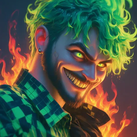 did vaporwave style, 1boy, male focus, solo, facial hair, green hair, blue eyes, smile, glowing, checkered clothes, portrait, grin, teeth, glowing eye, looking at viewer, short hair, heterochromia, shirt, facial mark, jewelry, beard, liquid, colored flames, fire, multicolored eyes, blood, melting, vapor, smoke, glitch, horror (theme), looking at viewer, upper body, realistic, BREAK glitch, artistic photography, soft dof, extreme light and shadow, glowing, cinematic lighting, cinematic angle, official art, best quality, masterpiece