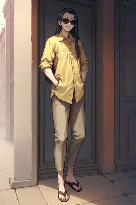 source_anime, score_9, score_8_up, solo, <lora:clamStrahdPDXL_v12:1> Strahd, vampire, long hair, yellow shirt, sunglasses, smile, sandals, hands in pockets