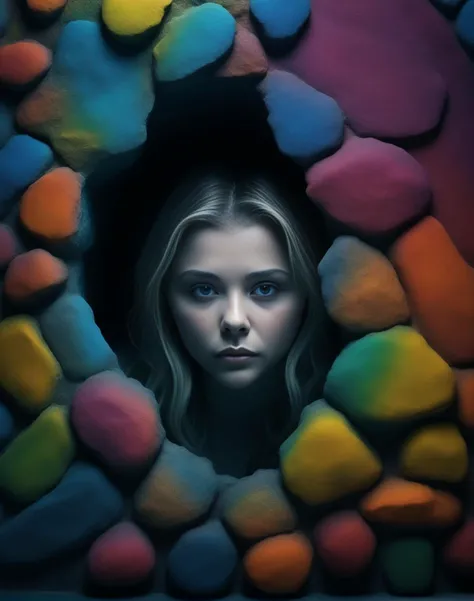 ChloeGraceMoretz, (art by Stan Lee:0.8) ,art by Fernand Fonssagrives, portrait,close up of a Unadvised Stone Micronesian Female of Nature, inside a Playhouse, split diopter, Angry, side light, 80mm, psychedelic colors, <lora:ChloeGraceMoretzSDXL:1>