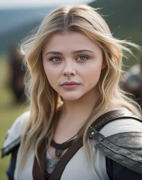 ChloeGraceMoretz,<lora:ChloeGraceMoretzSDXL:1>,photo of a gorgeous woman), (professional photography), (scenic background), ((as a viking warrior woman)), ((close-up)), masterpiece, best quality, (eye contact), (looking at the viewer), centred, (shot from front), blurred_background, proportional