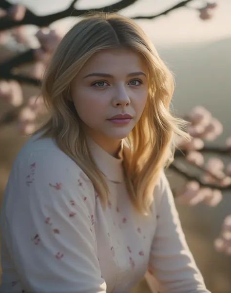 ChloeGraceMoretz, portrait, blossoms and hillside,close up of a Uptight Contemporary burly Slovak Girl, Crossed legs, Graceful hair styled as Crew cut, Winter, masterpiece, 80s Art, loop lighting, F/5, <lora:ChloeGraceMoretzSDXL:1>