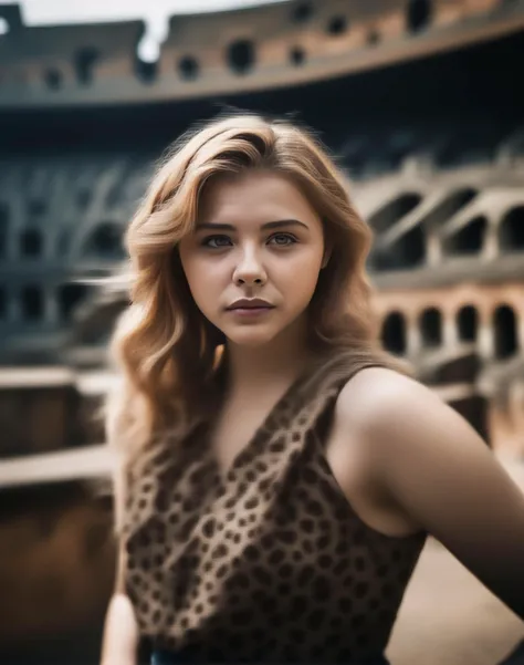 ChloeGraceMoretz, photograph, Engrossing Woman, ð, Auburn Biophilic hair, from inside of a Colosseum, Horror, film grain, Nikon d850, Zoom lens, leopard print and Colorless dust particles,  <lora:ChloeGraceMoretzSDXL:1>
